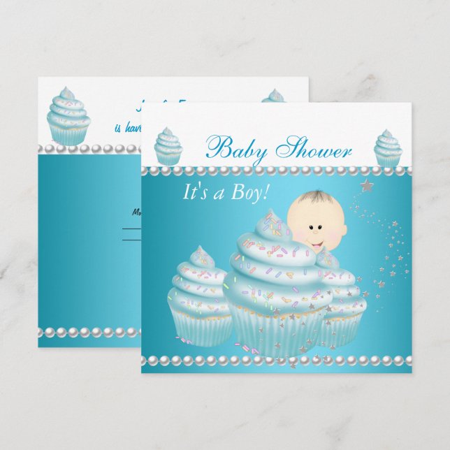 Invitación Ducha de bebé, bebé niño, cupcake, sprinkle azul (Anverso / Reverso)