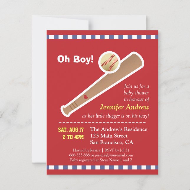 Invitación Ducha de bebé béisbol rojo (Anverso)