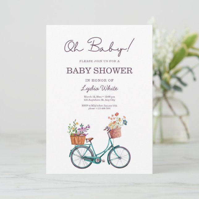 Invitación ducha de bebé bicicleta ducha de bebé floral ducha (Anverso de pie)