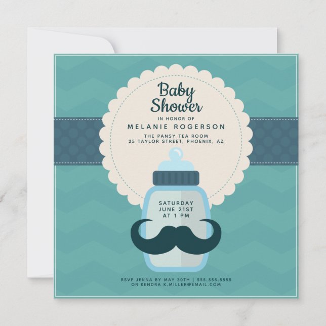 Invitación Ducha de Bebé Bigote Lunares Azul Turquesa (Anverso)