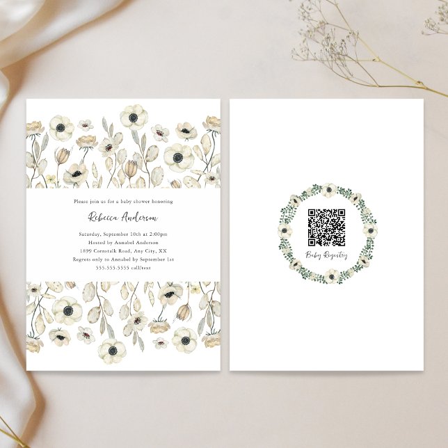 Invitación Ducha de bebé blanca Floral + QR registro (Subido por el creador)
