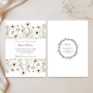 Invitación Ducha de bebé blanca Floral + rifa de pañales