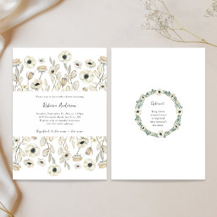 Invitación Ducha de bebé blanca Floral + solicitud de libro