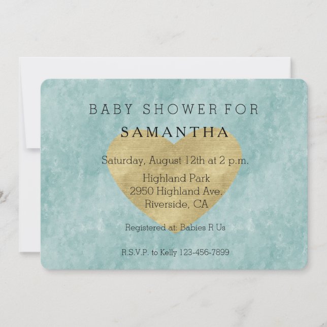 Invitación Ducha de bebé Blue Bliss Gold Heart (Anverso)