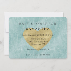 Invitación Ducha de bebé Blue Bliss Gold Heart