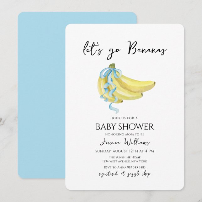 Invitación Ducha de bebé Blue Bow Let's Go Bananas Baby Showe (Anverso / Reverso)