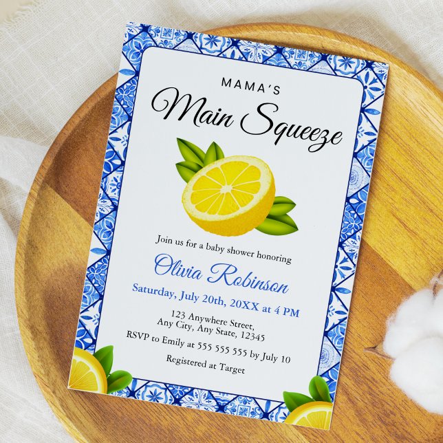 Invitación Ducha de bebé Blue Tile Lemon Mama's Main Squeeze (Blue Tile Mediterranean Mama's Main Squeeze Baby Shower Invitation )
