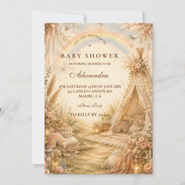Invitación Ducha de Bebé Boho Arcoíris Encantado (Anverso)