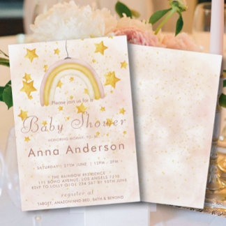 Invitación Ducha de bebé Boho Arcoíris Estrellas Doradas Polv