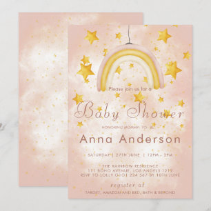 Invitación Ducha de bebé Boho Arcoíris Estrellas Doradas Polv