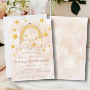 Invitación Ducha de Bebé Boho Arcoíris Sol Dorado Estrellas P