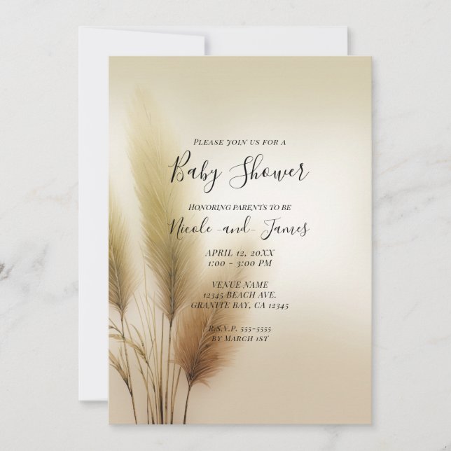 Invitación Ducha de Bebé Boho Bohemio de Pasto de Pampas Dora (Anverso)