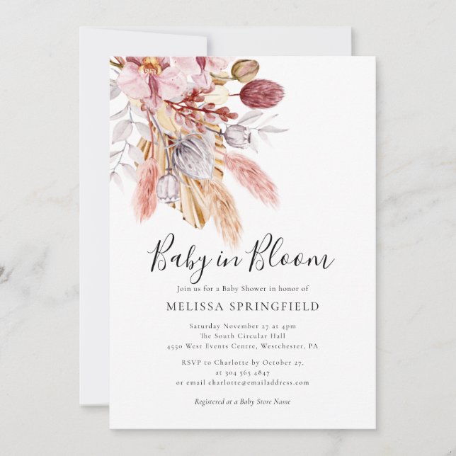 Invitación Ducha de bebé Boho Chic de hierba de Pampas (Anverso)