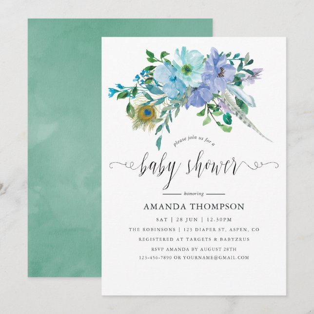 Invitación Ducha de Bebé Boho con Acuarela en Verde Menta y A (Anverso / Reverso)
