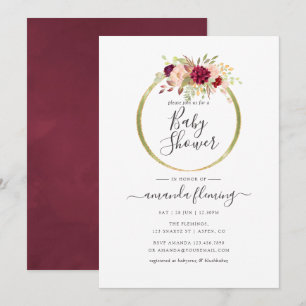 Invitación Ducha de bebé boho geométrica de color burdeos y r
