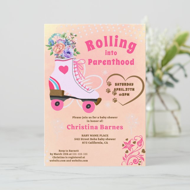 Invitación Ducha de bebé boho patines de ruedas teal florales (Anverso de pie)