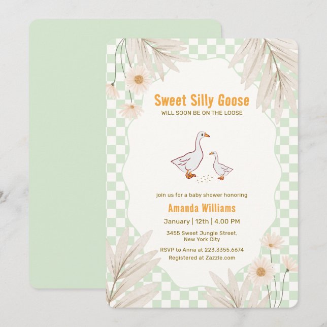 Invitación Ducha de Bebé Boho Silvestre de Gingham de Salvia (Anverso / Reverso)