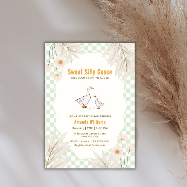 Invitación Ducha de Bebé Boho Silvestre de Gingham de Salvia (Sage Gingham Daisy Boho Silly Goose Baby Shower Invitation)