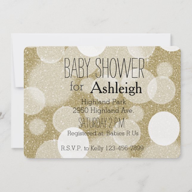 Invitación Ducha de bebé Bokeh, Purpurina de oro (Anverso)