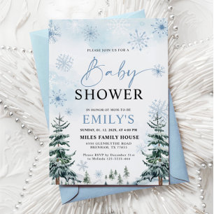 Invitación Ducha de Bebé Bosque Encantado de Invierno Azul Po
