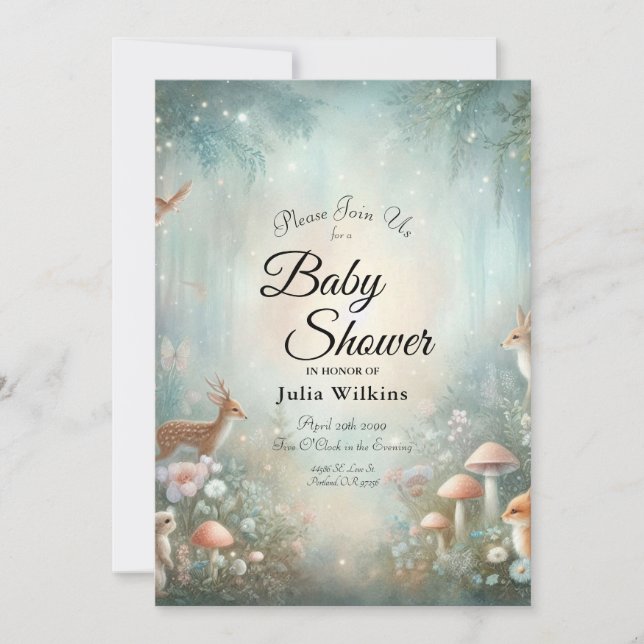 Invitación Ducha de Bebé Bosque Encantado Verde Azul y Meloco (Anverso)