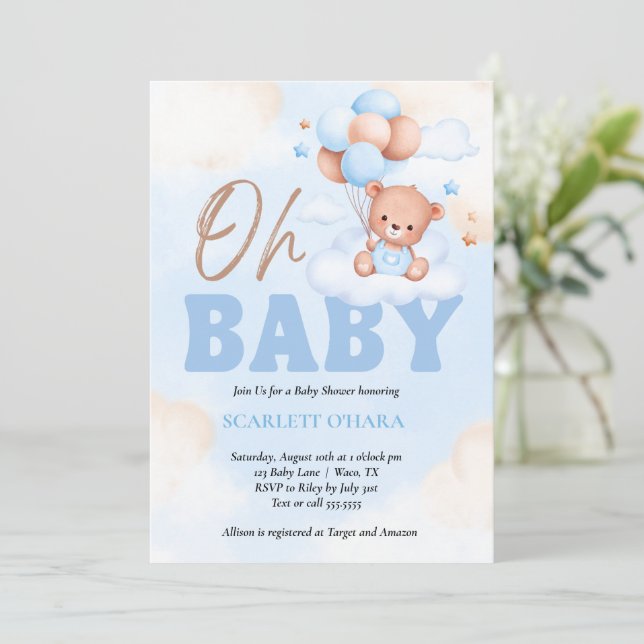 Invitación Ducha de bebé bosque madera oso azul adorable (Anverso de pie)