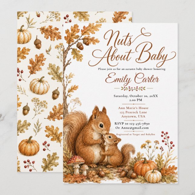 Invitación Ducha de Bebé Bosque Otoñal Ardilla (Anverso / Reverso)