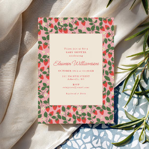 Invitación Ducha de bebé botánica de fruta de fresa rosa de v