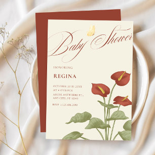 Invitación Ducha de bebé botánica floral roja veneciana