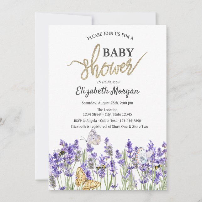 Invitación Ducha de Bebé Botánica Mariposas Lavanda (Anverso)