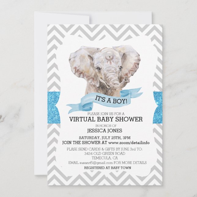 Invitación Ducha de Bebé Brillo Chevron Elefante Niño Virtual (Anverso)
