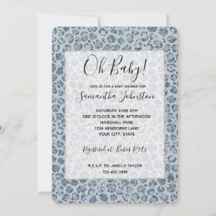 Invitación Ducha de Bebé Brillo Estampado Leopardo Azul Denim