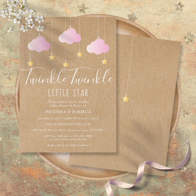 Invitación Ducha de Bebé Brillo Rosa Kraft Rústico (Pink Twinkle Twinkle Baby Shower Rustic Kraft Invitation)