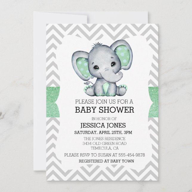 Invitación Ducha de Bebé Brillo Verde Elefante Chevron (Anverso)