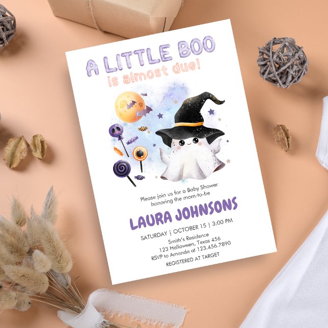 Invitación Ducha de Bebé Bruja Fantasmita Morada (Little Boo Halloween Baby Shower Invitation)