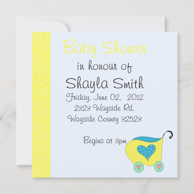 Invitación Ducha de bebé Buggy amarillo bebé (Anverso)