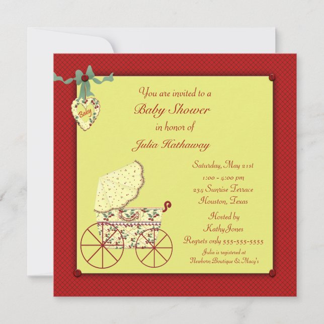 Invitación Ducha de bebé Buggy de bebé amarillo rojo (Anverso)
