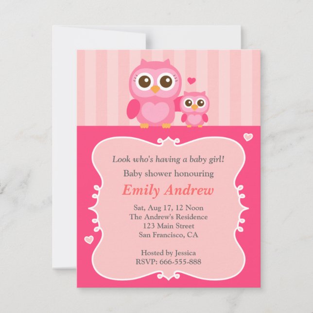 Invitación Ducha de bebé búho rosa, mamá y bebé (Anverso)