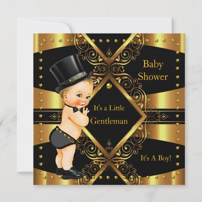 Invitación Ducha de bebé caballero oro niño sombrero alto rub (Anverso)