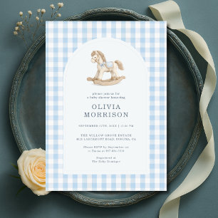 Invitación Ducha de Bebé Caballo de Juguete Azul a Cuadros