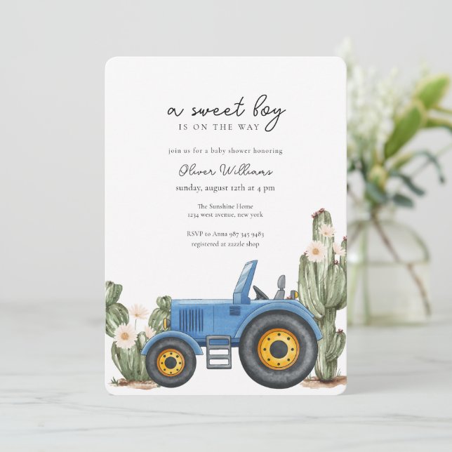 Invitación Ducha de bebé Cactus Desierto Tractor Azul  (Anverso de pie)