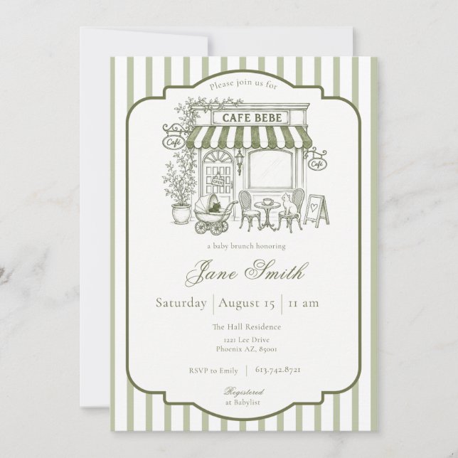Invitación Ducha de Bebe Cafe Verde Menta Rayado (Anverso)