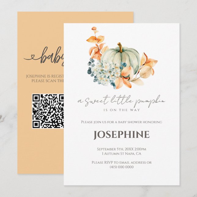 Invitación Ducha de Bebé Calabacita QR Registro (Anverso / Reverso)