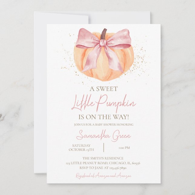 Invitación Ducha de Bebé Calabaza con Lazo Rosa (Anverso)