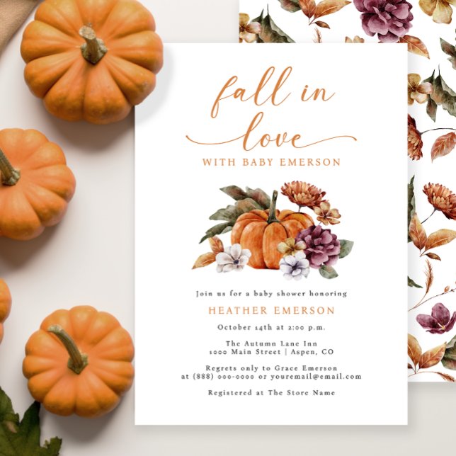 Invitación Ducha de Bebé: Calabaza se Enamora (Pumpkin Fall In Love Baby Shower Invitation Watercolor Floral Autumn Fall)