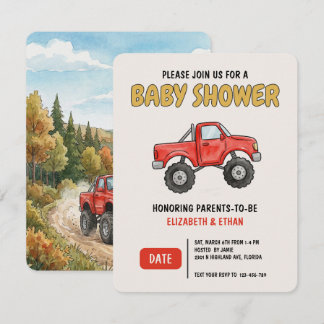 Invitación Ducha de Bebé Camión Monstruo Mínimo Rojo