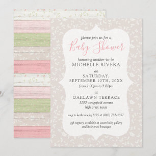 Invitación Ducha de bebé campestre gris floral rosa y salvia