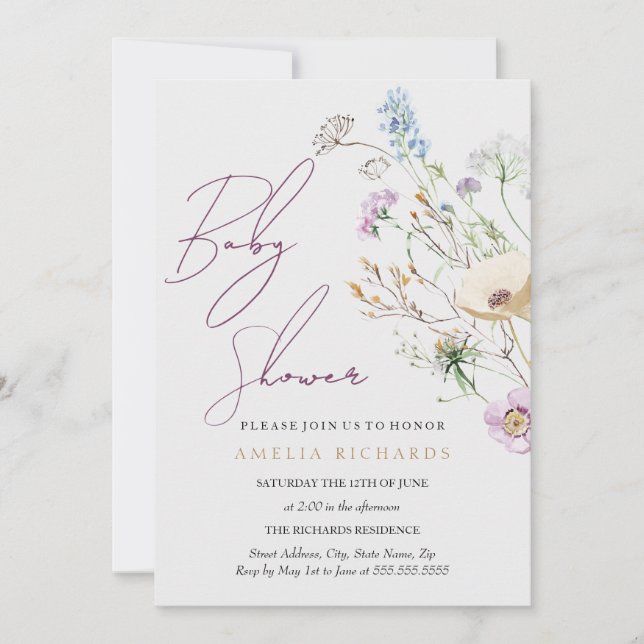 Invitación ducha de bebé caprichosa de flores silvestres (Anverso)