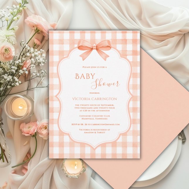 Invitación Ducha de bebé caprichosa de gingham blanco naranja (Subido por el creador)