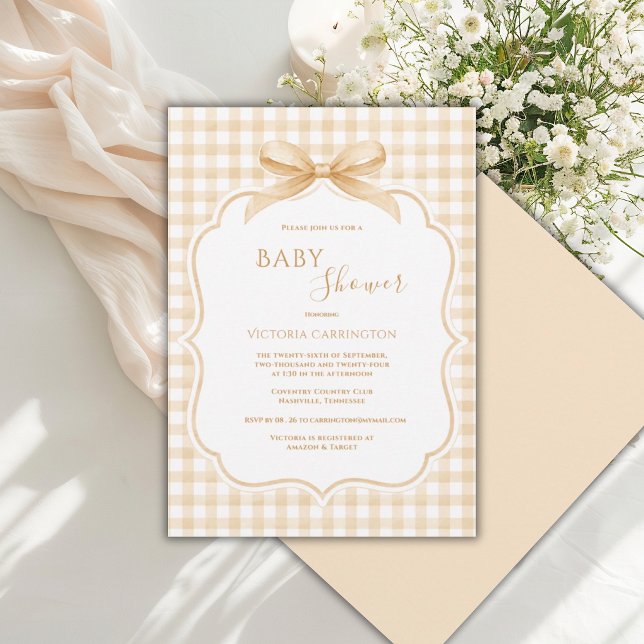 Invitación Ducha de bebé caprichosa de gingham blanco y amari (Subido por el creador)